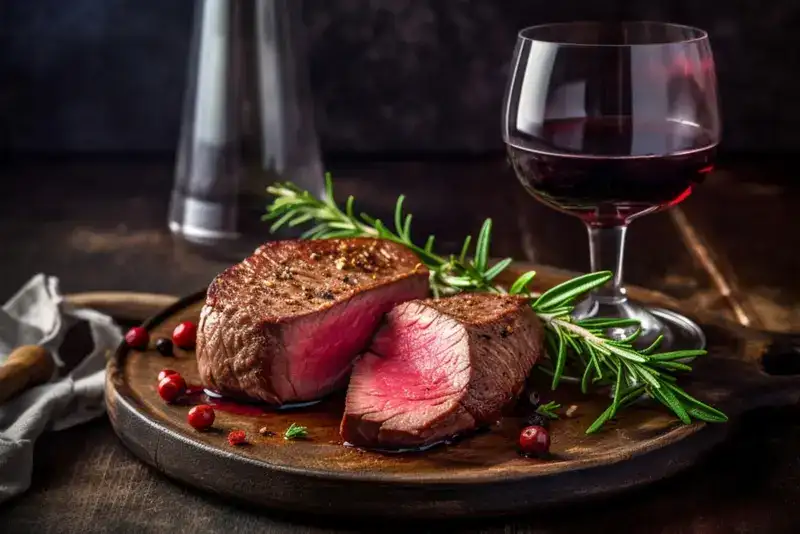 A steak that looks absolutely delicious, along with a glass of drink, which represents dining at DFW airport.